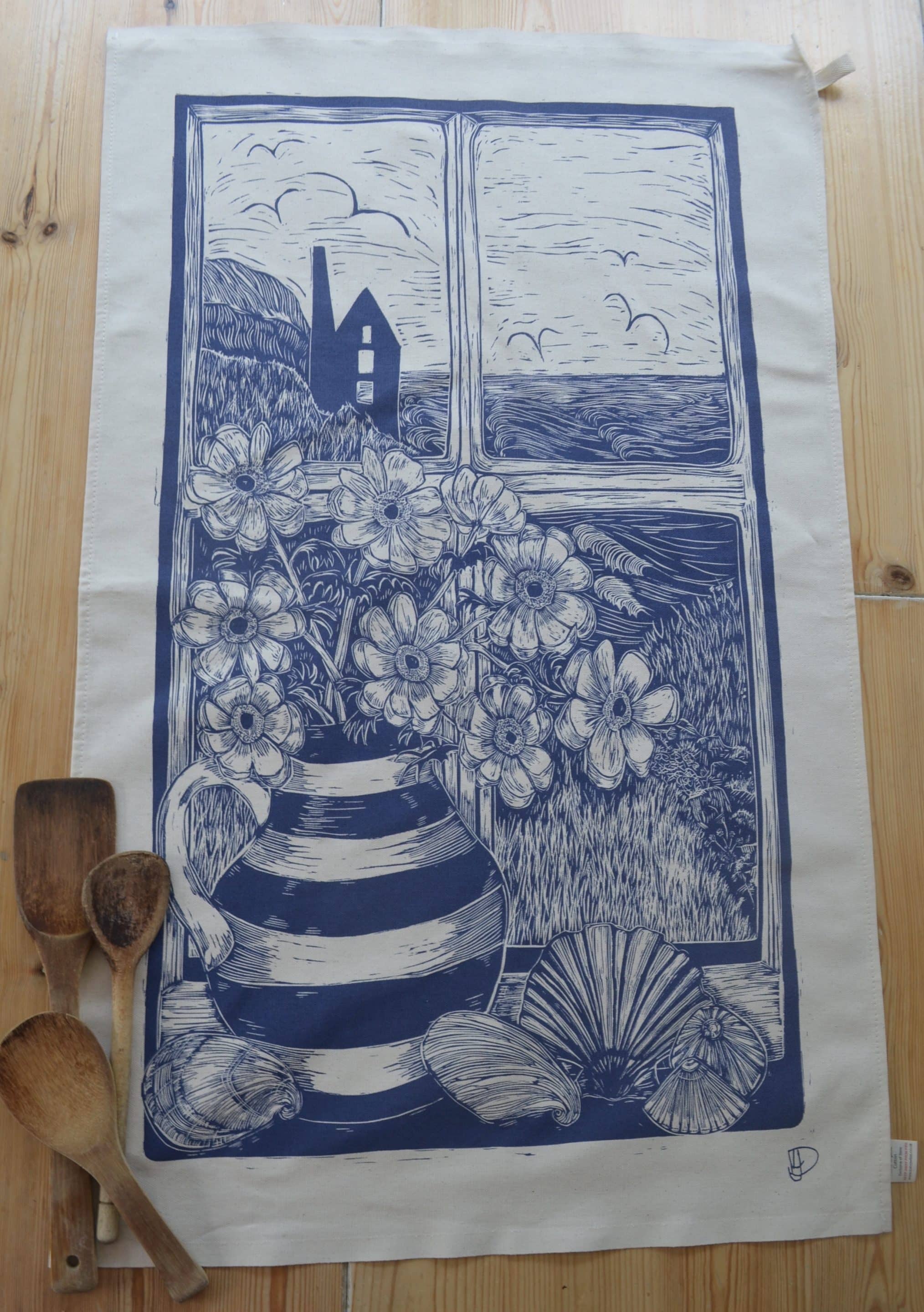 Beautiful Cornwall organic cotton tea towel in blue.